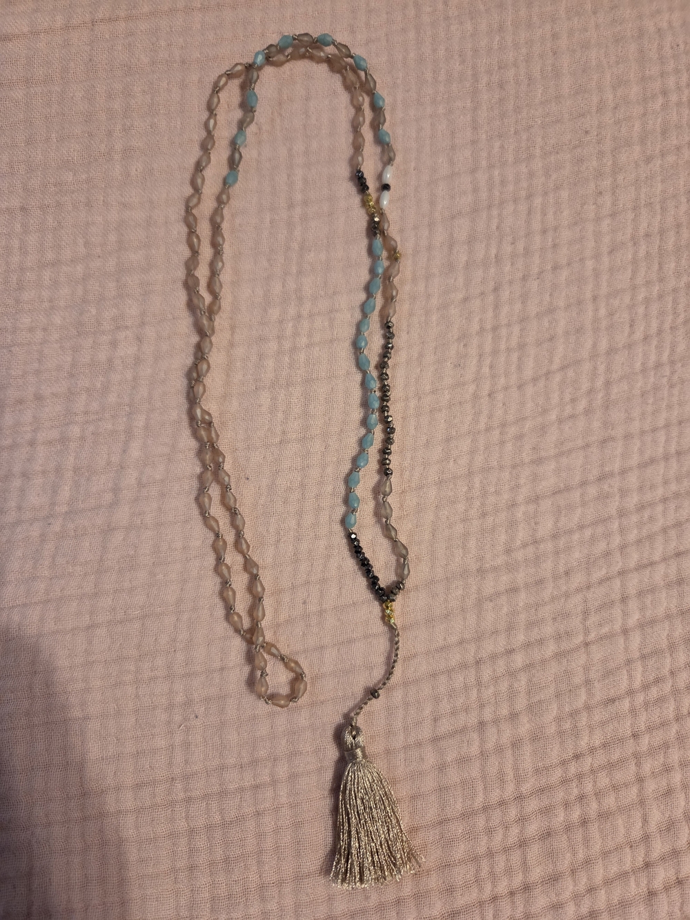 Beaded Tassel Mala Necklace in Turquoise Blue and Gold